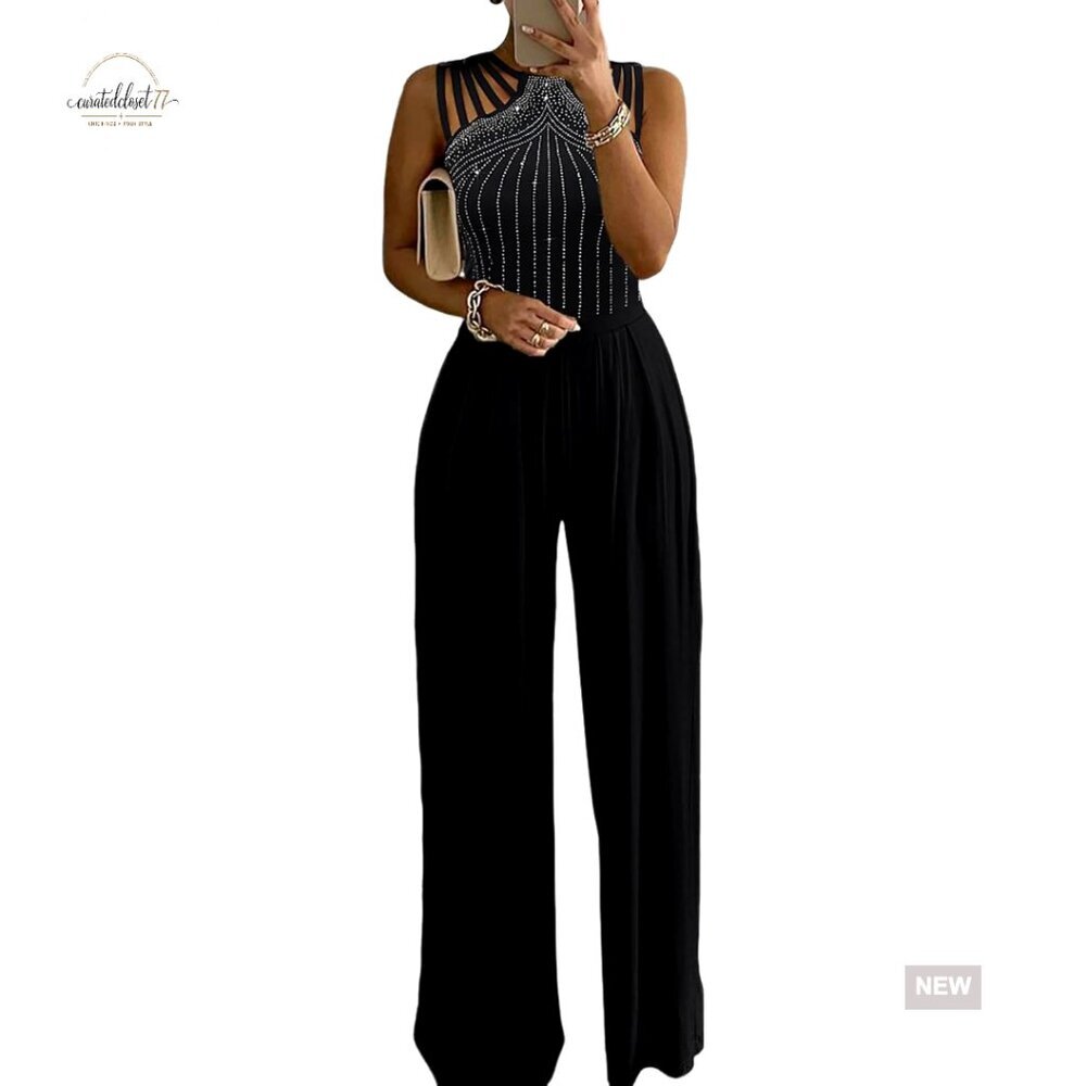 One Shoulder Jumpsuit Rhinestone Cutout Ruched Waist Wide Leg Floor Length